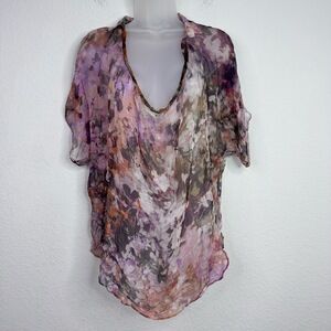 Haute Hippie Shirt Women L Silk Floral Sheer Whimsigoth Fairy Boho Dark Romantic
